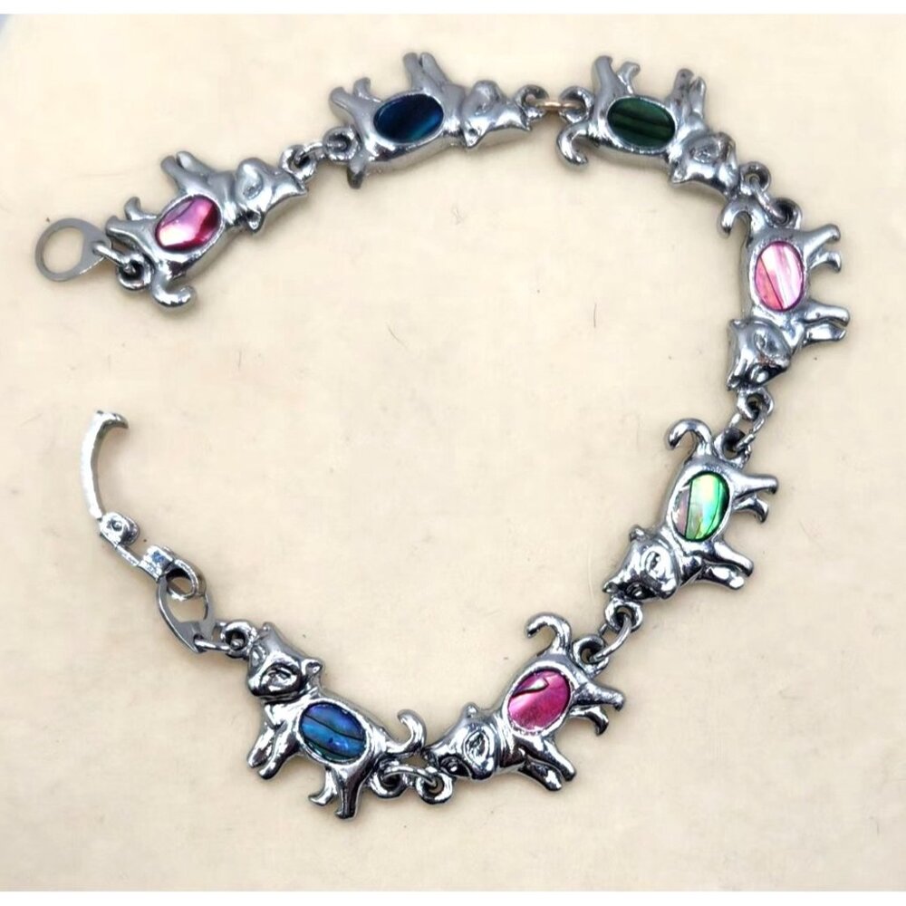 Vintage Cat Link Bracelet Multi Color Bodies Look Like Abalone Silver Tone 7”